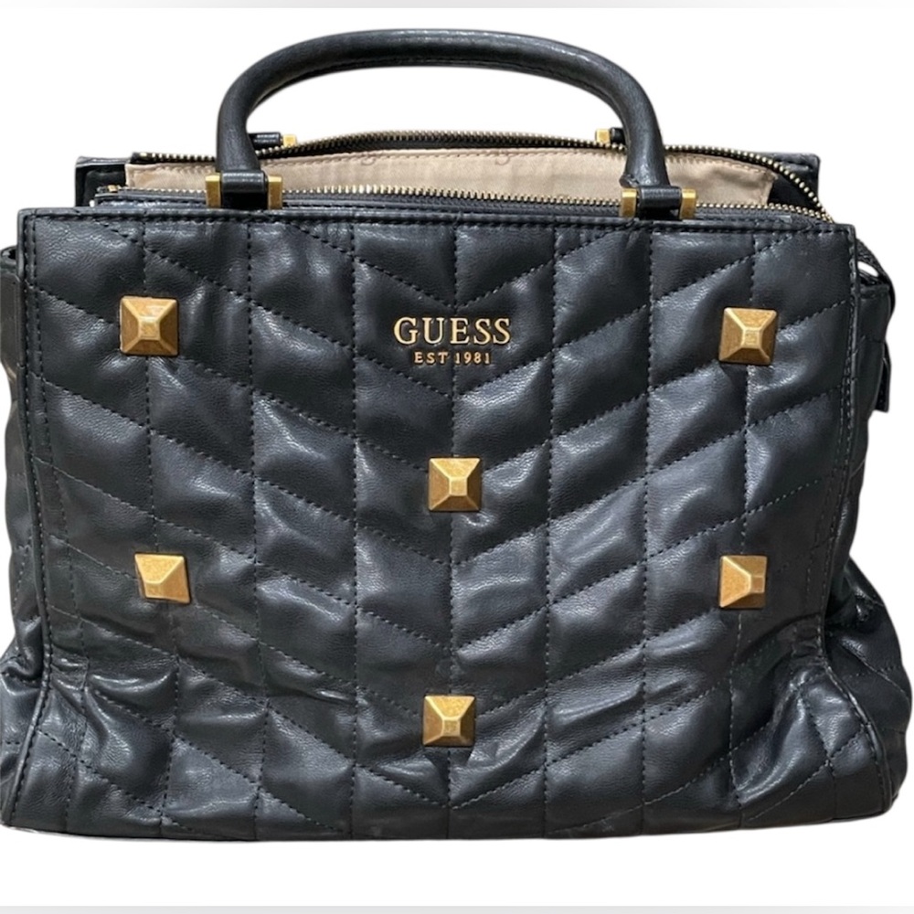 Guess Brera quilted satchel handbag in black with gold-tone studs